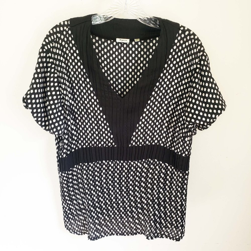 Agora Women's Black White Diamond Dot V Neck Short Sleeve Shirt Top Blouse